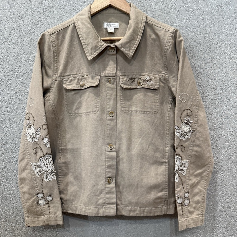 Linen Cotton Jacket Floral Embroidered Appliqué Beige Khaki Women's S